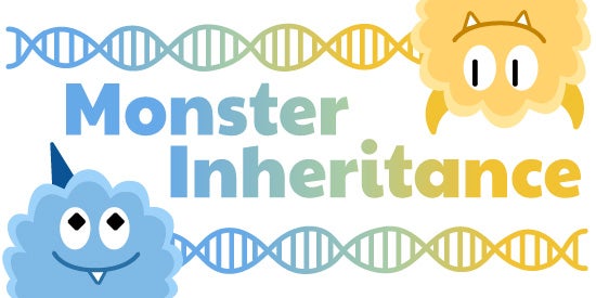 An illustration of two monsters and two DNA strands crossing the screen, with the words Monster Inheritance