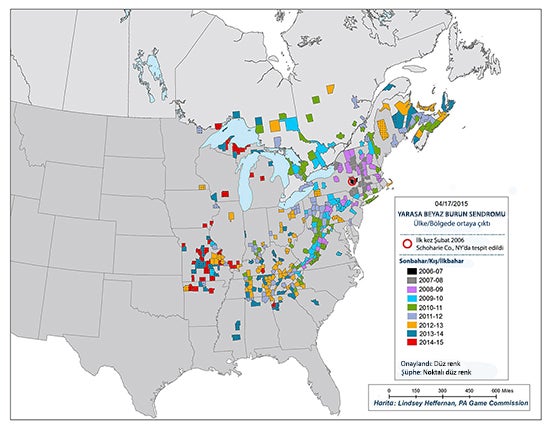 Map Showing Range of White-nose Syndrome