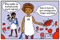 Nossos personagens cômicos de ataque viral, neutrófilos e macrófagos, percebem que precisam de mais ajuda para lutar contra os invasores.